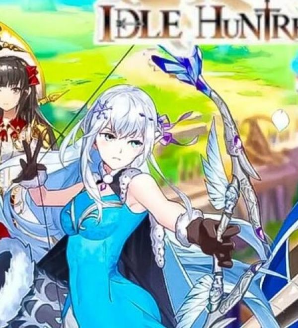 zoom in Idle Huntress ad focusing on a white haired girl in a tight blue dress and her butt thrusting out at the back and back at 90 degrees to her butt