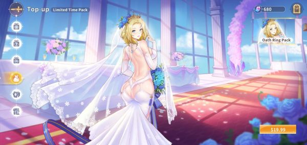 ad for Idle Huntress oath ring pack for $19.99 showing a blonde anime girl with short hair in a wedding dress that's backless and buttless showing her full butt in a white lace thong and then the dress continues at the bottom cupping her butt cheeks like a bra