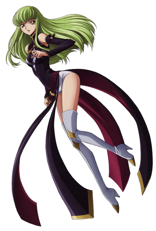 isolated close up of C.C. from Code Geass in the Shadowverse ad's pose with her back bent 90 degrees in a centaur pose