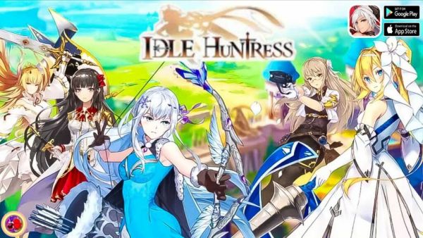 ad for Idle Huntress with a number of characters including a white haired girl in a tight blue dress and her butt thrusting out at the back and back at 90 degrees to her butt