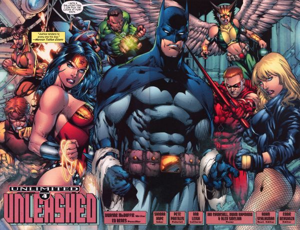 full double page splash of Justice League standing ready to fight with Batman in the foreground, Wonder Woman with her back arched next to him on our left and on his right is black canary standing with her butt facing the audience