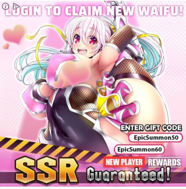 ad for Ultimate Arena of Fate showing a pink and cyan haired anime girl bent in a U shape with her breasts thrust out and her butt and legs behind her head with the text "Login to Claim New Waifu" and "SSR Guaranteed!"