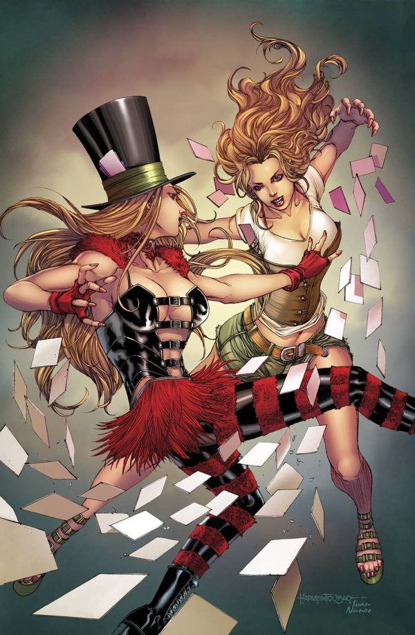 textless cover art for Grimm Fairy Tales: Wonderland #31 showing a blonde girl in a black mad hatter hat and black corset top with belt straps holding it across her chest and a red skirt made of ribbons fighting another girl, the mad hatter girl is possibly in a boobs and butt pose except she has no butt and is just apparently legs