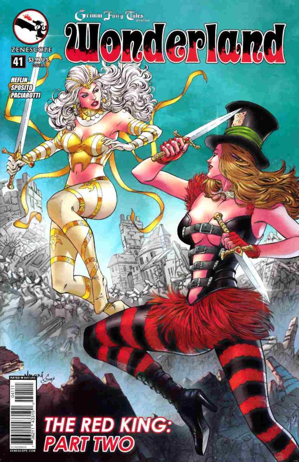 Cover of Grimm Fairy Tales: Wonderland #41 showing a blonde girl in a black mad hatter hat and black corset top with belt straps holding it across her chest and a red skirt made of ribbons and black and red stockings, she is swinging a knife at a woman with white hair, the mad hatter girl is in a boobs and butt pose or her legs are reversed