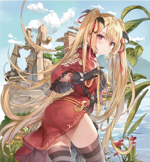 cover art of Last Empryo #7 light novel showing a blonde anime girl with pigtails in a red dress doing a boobs and butt pose