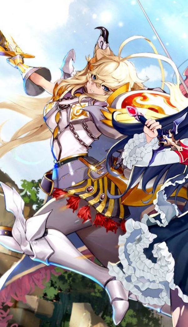 close up of left side of ad for "Masters of Knights: Seven Trials" showing the blonde woman in white knight outfit thrusting a sword out and looking at the audience viewpoint while doing a boobs and butt pose, on the right is a blonde archer wearing a silver crown and holding a bow and arrow with her legs on the side of her body not looking connected to her body under her skirt