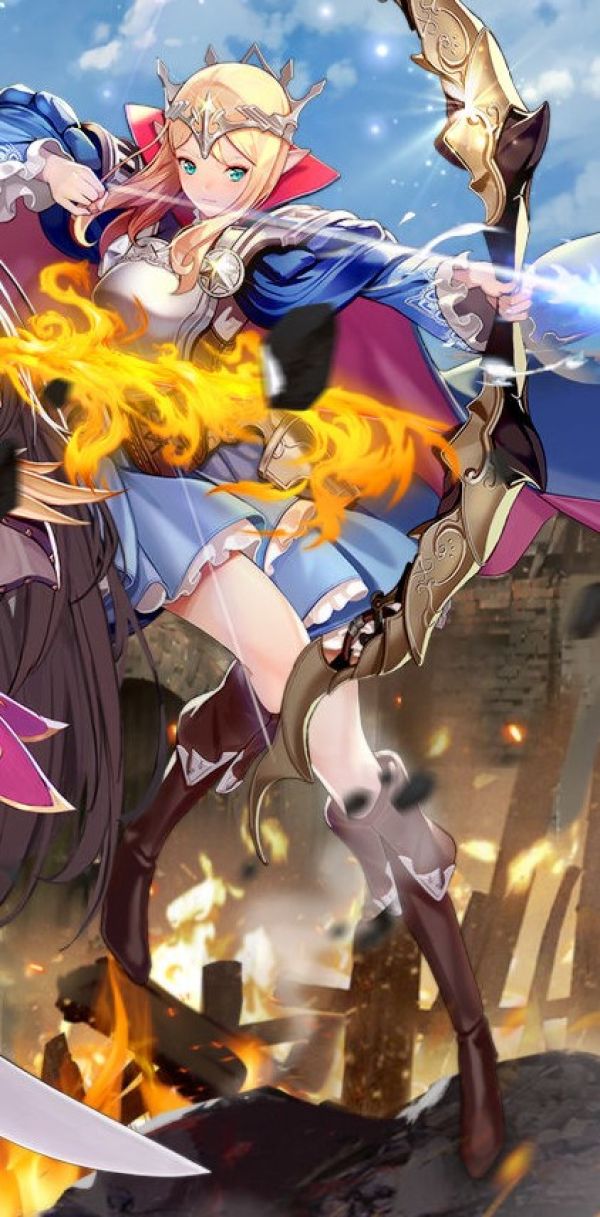 close up of right side of ad for "Masters of Knights: Seven Trials" showing a blonde archer wearing a silver crown and holding a bow and arrow with her legs on the side of her body not looking connected to her body under her skirt