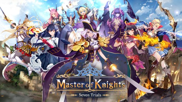 ad for "Masters of Knights: Seven Trials" showing several characters behind the logo, on the left hand side is a blonde woman in white knight outfit thrusting a sword out and looking at the audience viewpoint while doing a boobs and butt pose, on the right is a blonde archer wearing a silver crown and holding a bow and arrow with her legs on the side of her body not looking connected to her body under her skirt