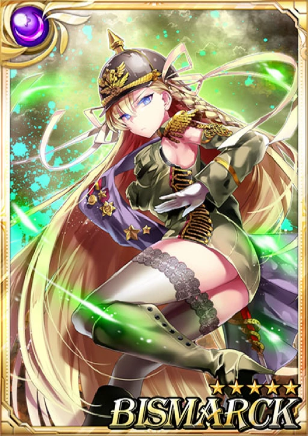 card of "Bismarck" from Sid Story video game showing a white anime girl with blonde hair in a black military helmet with a gold spike on top, she is jumping up in a boobs and butt pose with her military "uniform" (it's a green tight dress) clinging to her breasts in a boobsock style and wearing lace stockings on her legs