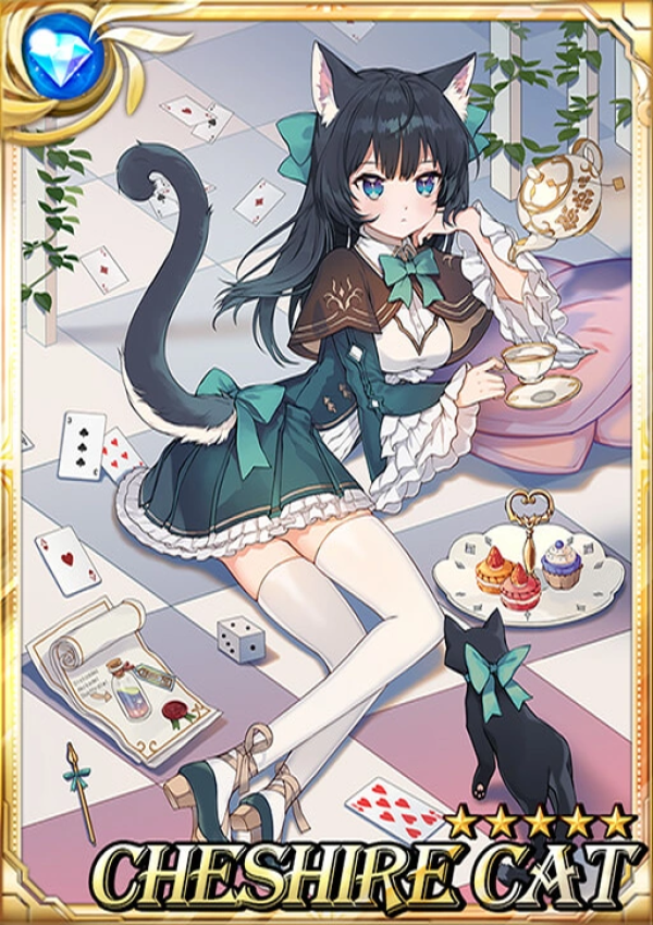 card of "Cheshire Cat" from Sid Story video game showing a white anime girl with green eyes and black hair and cat ears and tail in a green dress, she is lying on the floor in a boobs and butt pose where her legs look disconnected from her body, she is not smiling