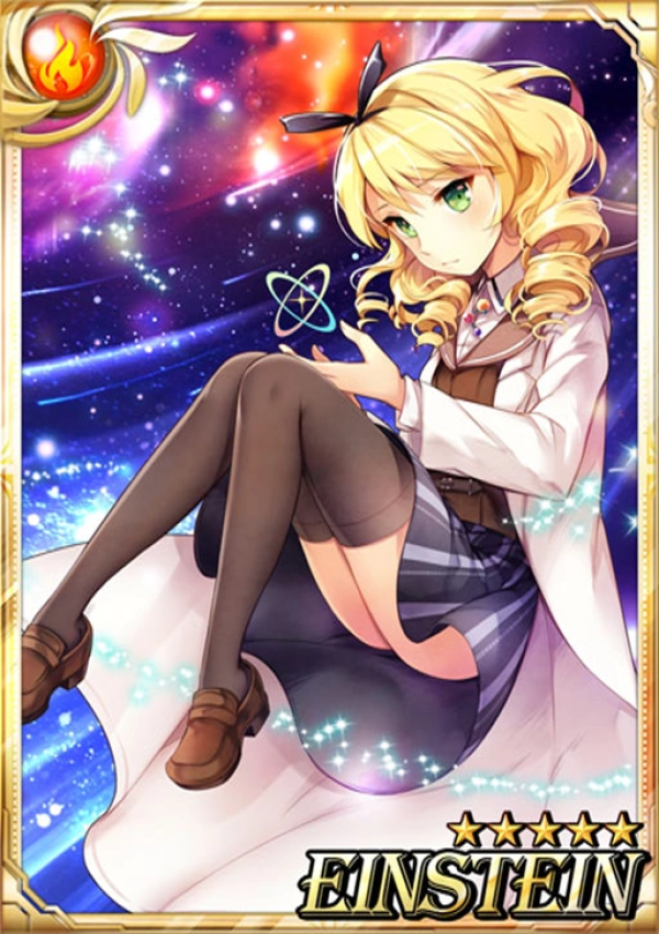 card of "Einstein" from Sid Story video game showing a blonde haired green eyed white anime girl in a labcoat and brown vest and blue skirt holding an atom in her hand while her legs are pushed up to show her bare butt under the skirt