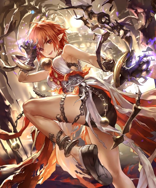 picture of a red haired elf anime girl wearing black bike shorts standing looking down at the audience viewpoint in a boobs and butt pose