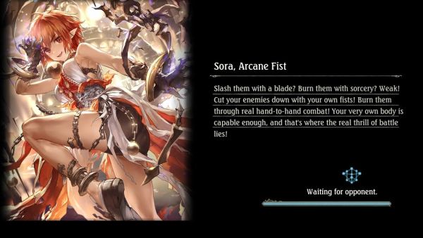 loading screen for Shadowverse showing a red haired elf anime girl wearing black bike shorts standing looking down at the audience viewpoint in a boobs and butt pose with the text next to her reading "Sora, Arcane Fist - Slash them with a blade? Burn them with sorcery? Weak! Cut your enemies down with your own fists! Burn them through real hand-to-hand combat! Your very own body is capable enough, and that's where the real thrill of battle lies!"