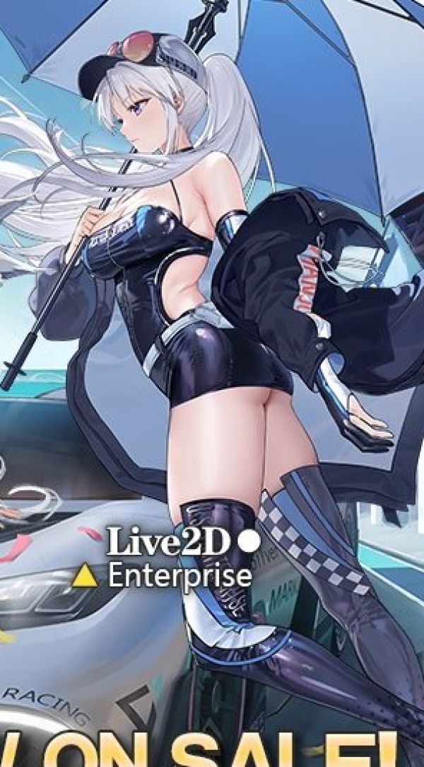 zoom of ad for Azur Lane game focusing on the white haired girl in a ponytail in a boobs and butt pose, she is wearing a tight black club dress that cuts just above the bottom of her buttcheeks