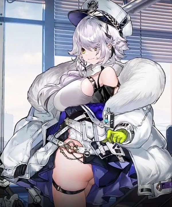 ad for Echocalypse showing a white haired anime girl in a white crop top and blue dress and poofy white coat standing in a boobs and butt pose