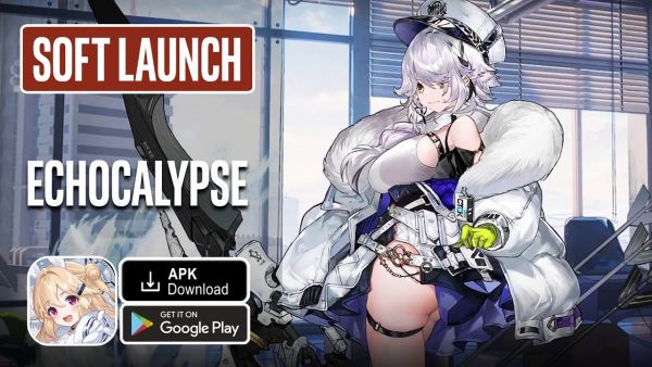 ad for Echocalypse soft launch showing their APK and Google Play download buttons and a white haired anime girl in a white crop top and blue dress and poofy white coat standing in a boobs and butt pose