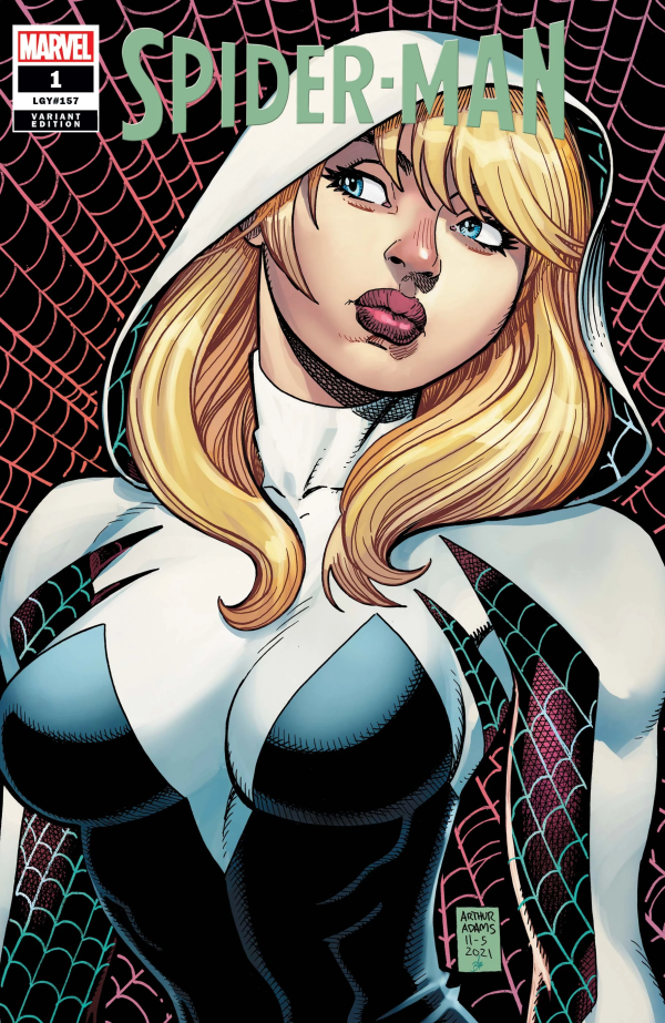 cover of Spiderman vol. 4 #1 comic book showing Spider-Gwen with big puffy red lips with boobsocks and a tiny waist the size of her neck