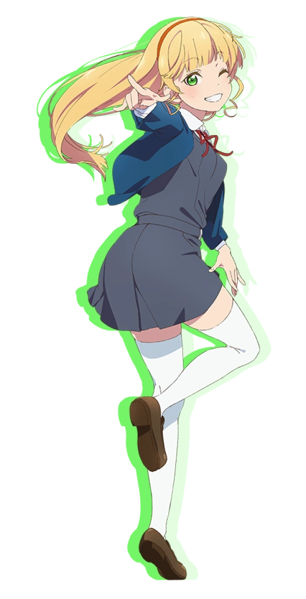 promo image of Sumire from Love Live Superstar, blonde anime girl with green eyes in a grey schoolgirl uniform and blue blazer with white thigh high socks standing with one leg up in a boobs and butt pose pointing at the audience viewpoint