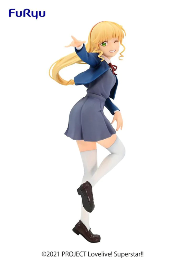 Statuette of Sumire from Love Live Superstar, blonde anime girl with green eyes in a grey schoolgirl uniform and blue blazer with white thigh high socks standing with one leg up in a boobs and butt pose pointing at the audience viewpoint