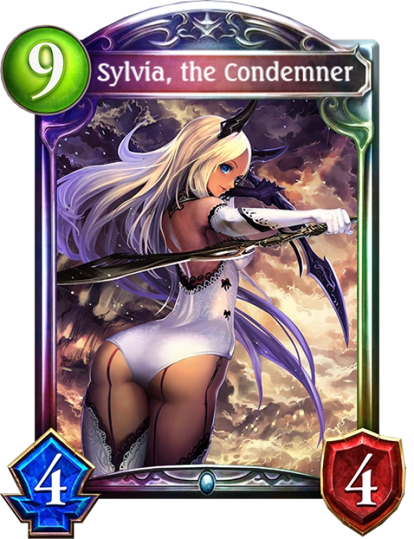 shadowverse card of "Sylvia the Condemner" a tan skin white haired anime style girl in a white tight backless bodysuit with white gloves, she is facing away from the audience with her butt thrusting back at her spine rubbery and seemingly her torso being paper thin