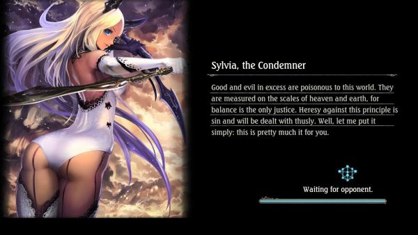 shadowverse loading screen featuring "Sylvia the Condemner" a tan skin white haired anime style girl in a white tight backless bodysuit with white gloves, she is facing away from the audience with her butt thrusting back at her spine rubbery and seemingly her torso being paper thin