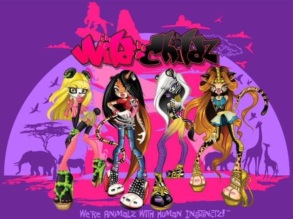 promo for "Wild Childz" dolls with the tagline "We're Animalz with Human Instinctz" and 3 anthropomorphic animal girls: a panda with long blonde hair, a tiger with long black and orange hair, a zebra with long white hair, and a cheetah with long blonde and black hair, the panda is in a boobs and butt pose thrusting her butt back and turning her chest to face the audience, the zebra girl is sticking her butt out and her back is bent 90 degrees