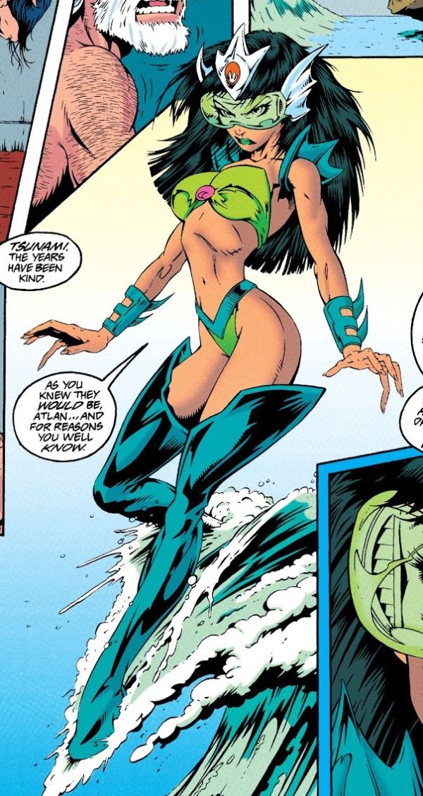 panel from Aquaman vol. 5 #23 of Tsunami (black haired white woman wearing a green bikini and green thigh highs) coming out of the water with her back arched