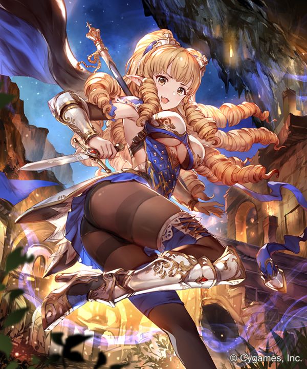 art for Rage of Bahamut showing a blonde anime style girl doing a boobs and butt pose showing her stockinged butt under her blue skirt, her breasts are showing underboob and flying into the air