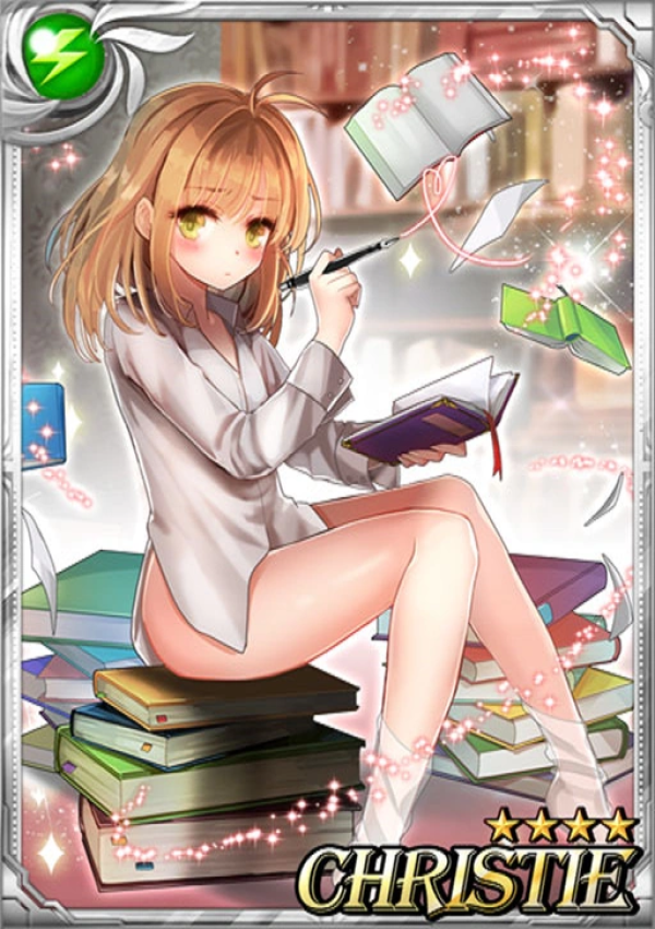 Sid Story card art of Agatha Christie depicting her as a cute anime girl with brown hair in a loose white men's button up shirt wearing no pants and sitting on a pile of books while writing in a notebook