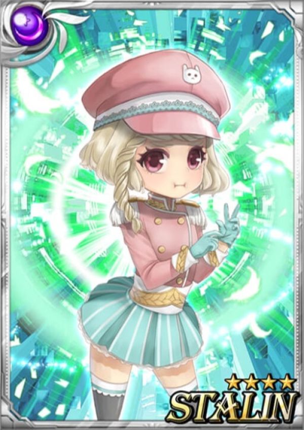 Sid Story Card of Josef Stalin as a cute anime girl with blonde hair wearing a pink cap and pink military top with light blue/green pleated skirt and grey stockings