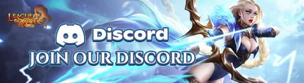 ad for League of Angels saying "Join our Discord!" with a blonde archer pulling back a bowl with her lower body swayed away from the top of her torso