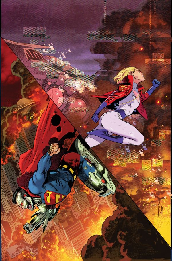 cover of Knight Terrors: Action Comics #2 showing 2 scenes cut with a diagonal line across the cover, at the bottom is Cyborg Superman flying downward, at the top is Power Girl flying upward, they are both in boobs and butt poses, but Cyborg Superman's back is also bent at 90 degrees above his butt