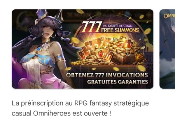 french ad for Omni Heroes showing a purple haired woman wearing cat ears with an "egyptian" style necklace and bikini top, her waist and pelvis continue downward off the panel of the ad but there is a fleshy lump next to her belly button coming from the bottom of the screen and it might be her knee which would make no sense