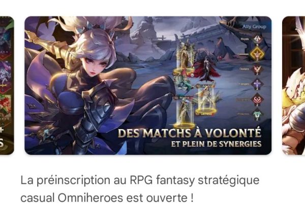 french ad for Omni Heroes showing an anime girl with white hair in a ponytail, she is in knight armor but has boobsocks 