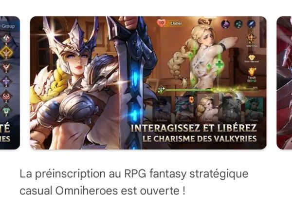 french ad for Omni Heroes that shows a blonde warrior woman in metal bikini armor with cleavage and her torso under her breasts is extremely tiny