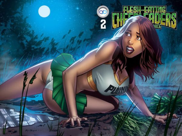 2 page spread Cover of Flesh Eating Cheerleaders from Outer Space #2 of a brunette cheerleader lying on the ground propped up by her arms in a boobs and butt pose with her skirt hiked up to show panty as she looks off camera (possibly in fear)