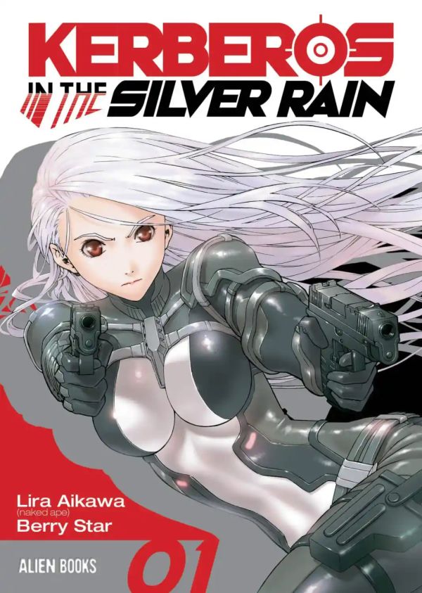 cover of "Kerberos in the Silver Rain" 01 manga showing a silver haired woman with pale skin in a black and silver catsuit with belts around her shoulders and chest and her breasts encased in skintight boobsocks each, she is pointing guns at the audience viewpoint and running to the side with her torso snaking out to the right and her legs coming in the corner of the cover looking detached