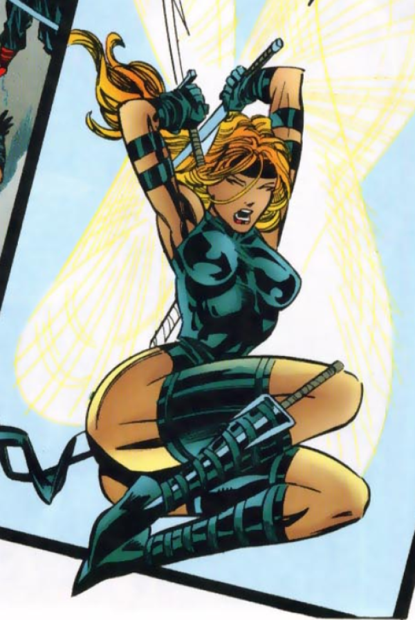 panel from elektra 17 showing Nina McCabe (blonde woman in a black version of Elektra's ninja leotard and hairband, wielding two swords behind her back as she jumps in the air with her butt cocked toward the audience, she is in a boobs and butt pose with her breasts in tight boobsocks