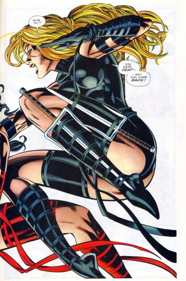 panel from elektra 17 showing Nina McCabe (blonde woman in a black version of Elektra's ninja leotard, and black knee high boots), she is jumping at Elektra who is off-panel, she has her knees bent up and her feet strongly en pointe, her chest is pointed at the audience, her breasts are in boobsocks, and her buttcheeks are facing the audience too so she's in a boobs and butt pose