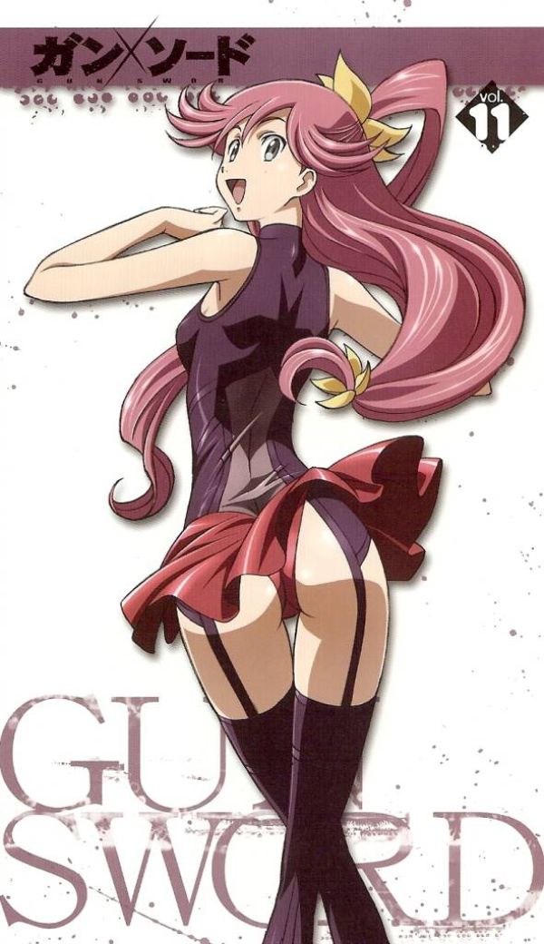 Cover of Gun X Sword vol. 11 showing an anime girl with pink hair in a black skintight outfit with a red mini skirt flying up to show her garter belts and pants and her legs are crossed yet she has a thigh gap that shows her pantied crotch and her back is bent and turned away