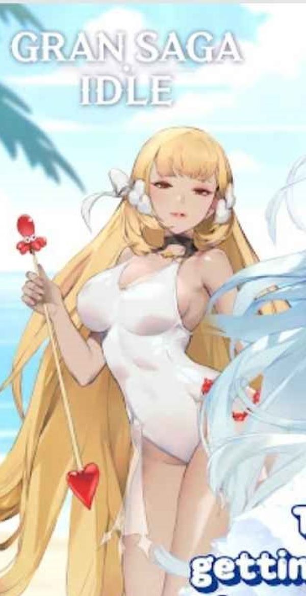 zoom on gran saga idle ad which shows a blonde anime style girl in a skin tight white full body swimsuit, she is standing with her chest thrust forward and her back bent 90 degrees under her chest like a centaur and her butt thrust backwards and legs forward