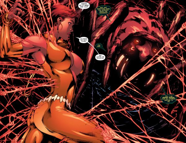 panel from Justice League of America vol. 2 #25 showing Vixen being held in a web by Anansi, a giant spider, she is in a boobs and butt pose she says "where am I? what are you? I am inside the Tantu Totem and you're the Trickster." Anasi says "Why ask questions when you already know the answers? You are. Yes, I am Kwaku Anansi and all stories belong to me."