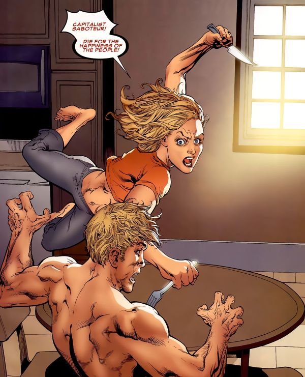 panel from Black Widow: Deadly Origin #2 showing bobbi morse in civilian clothes with a knife in her hand in a reverse boobs and butt twist with her legs almost twisted off her body as she yells "Capitalist Saboteur! Die for the happiness of the people!" at a naked Clint Barton (Hawkeye) whose body is facing away from us