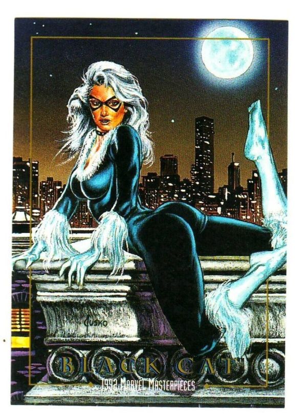 card art from Marvel Masterpieces trading cards of Black Cat (white haired, white skinned woman in a black catsuit and white gloves and boots) lying on a building roof railing, one leg is stretched back and bent at the knee, the other stretched down on the roof, she's propped up in a boobs and butt pose, her breasts facing us and her butt twisted to face us